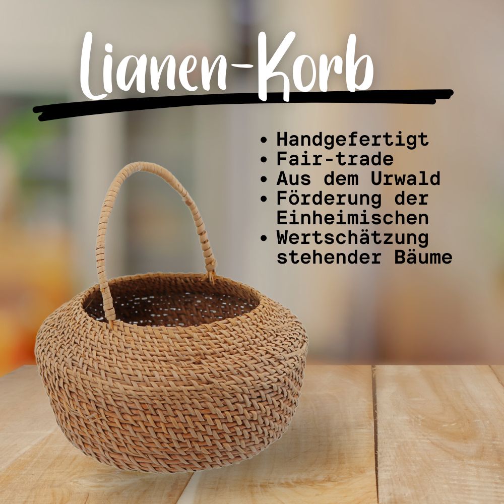 Lianen-Korb mit Beschreibung: Handgefertigt, Fair-Trade, aus dem Urwald, Förderung der Einheimischen, Wertschätzung stehender Bäume.