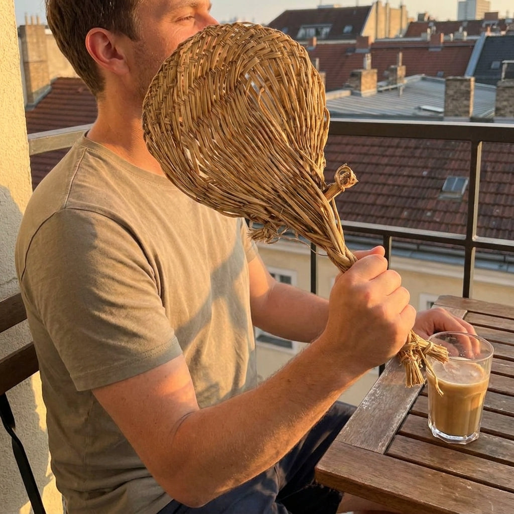 Mann fächelt sich abends auf dem Balkon Luft zu – Palmfächer am geflochtenen Griff