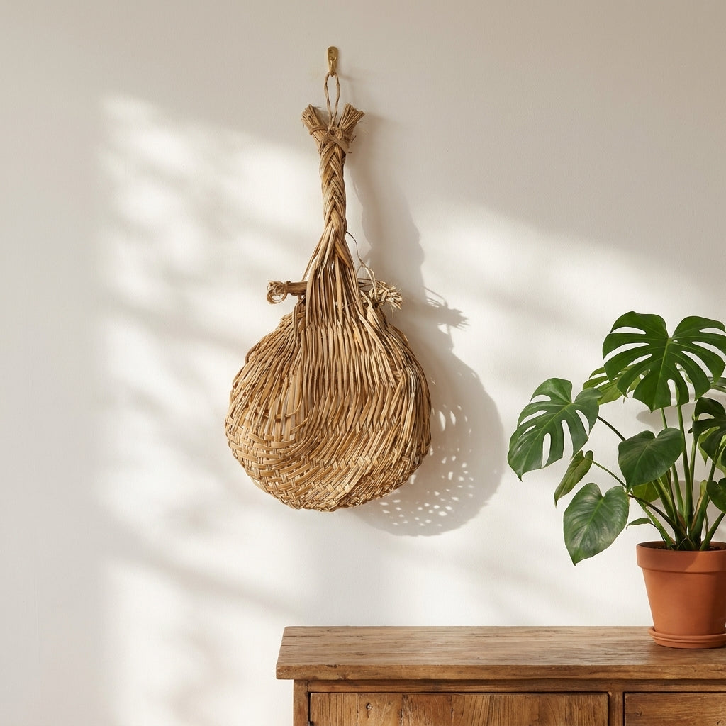 Palmfächer als Boho-Wanddeko am Messinghaken neben Monstera – Naturdeko aus Palmblatt